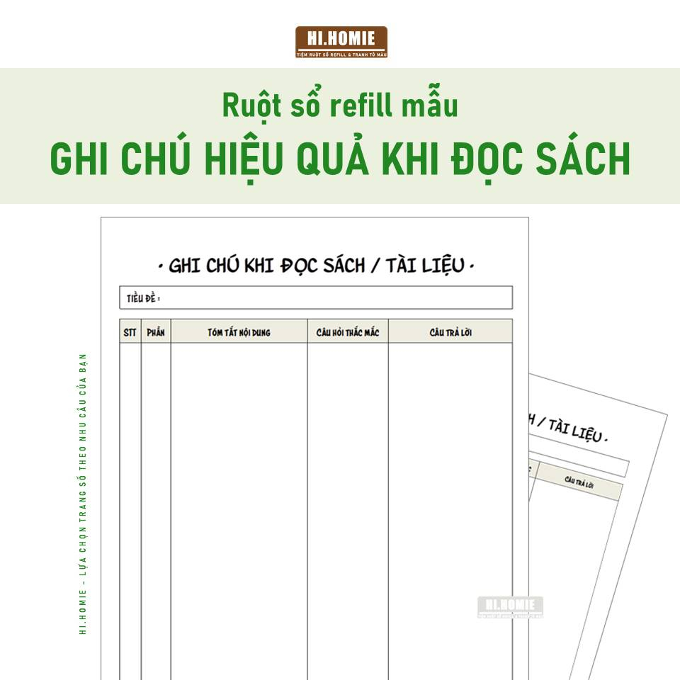 Mẫu Ghi chú hiệu quả khi đọc sách | Ruột sổ còng, giấy refill | A5, A4, B5 - Hi Homie Shop
