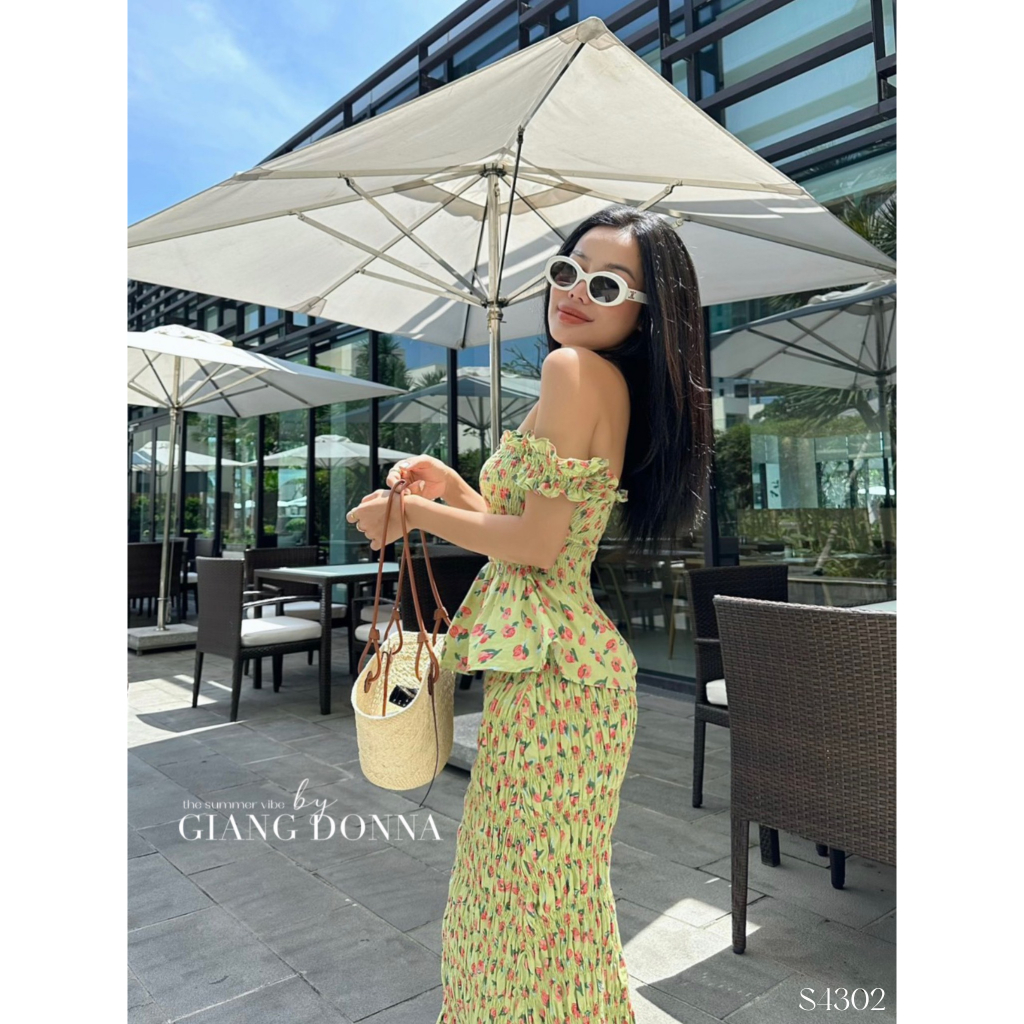 Set Áo Trễ Kèm Chân Váy Ôm nhún Đuôi Bèo