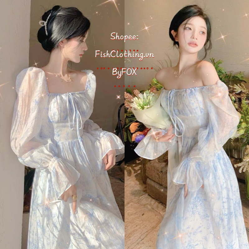 Hàng QC🖤Đầm maxi xanh voan cổ vuông đi biển du lịch tay loe xoè dài/Váy kiểu trễ vai dáng dài thắt nơ vintage