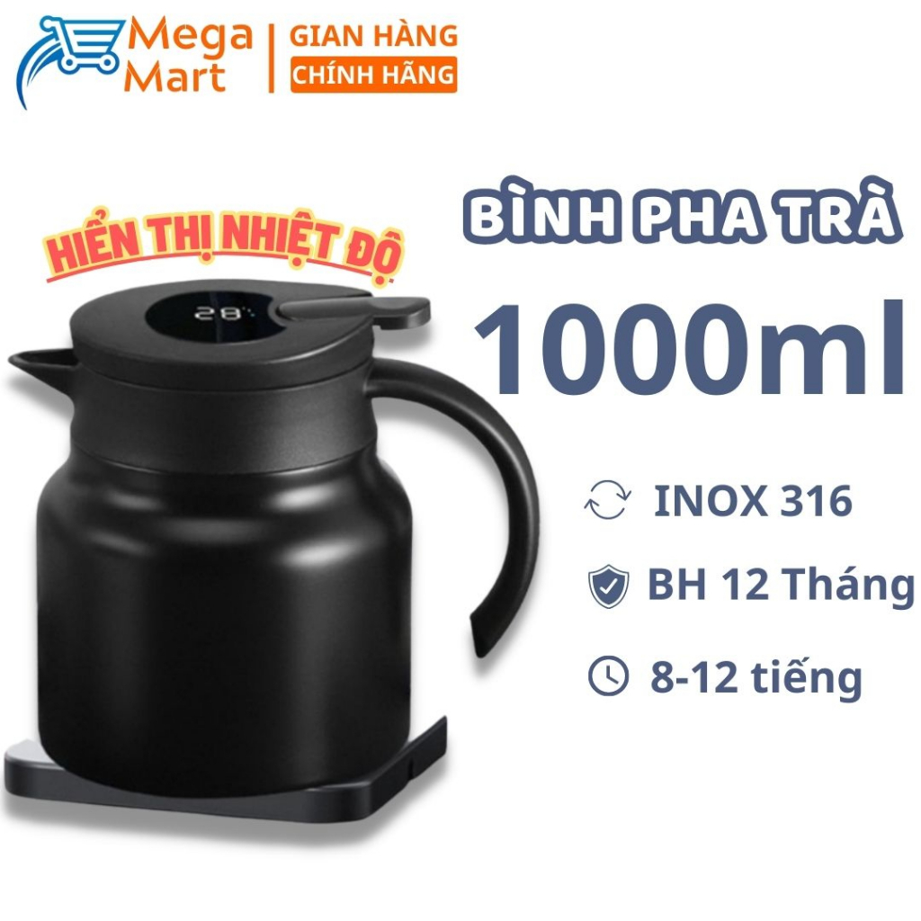 Ấm Pha Trà Giữ Nhiệt, Hiển Thị Nhiệt Độ Lõi Inox 316 Dung Tích 1 Lít Hàng Cao Cấp - Phích Nước Giữ Nhiệt Đựng Nước Nóng