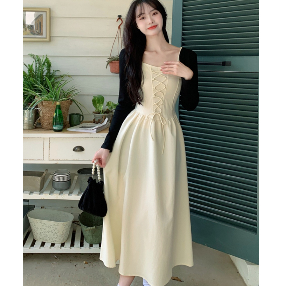 Váy trắng nữ hai dây dáng dài chữ A ngực phối dây buộc, đầm nữ 2 dây mix áo khoác cardigan dài tay dáng ngắn 0440