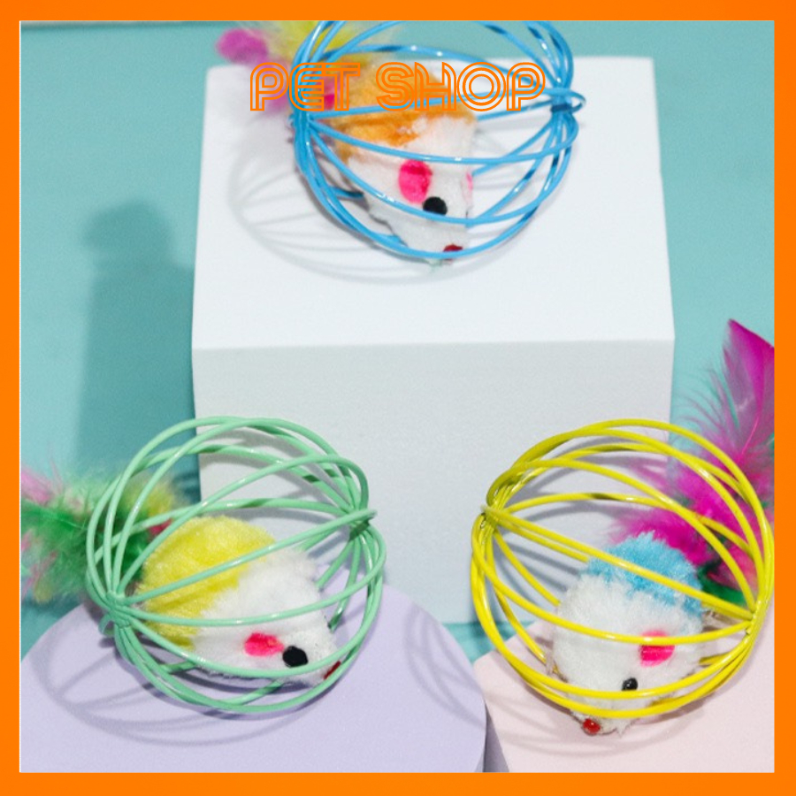 Đồ Chơi Cho Mèo,Pet Thú Cưng, Đồ Chơi Chuột Trong Lồng Sắt Lông Vũ Nhiều Màu Sắc Vui Nhộn