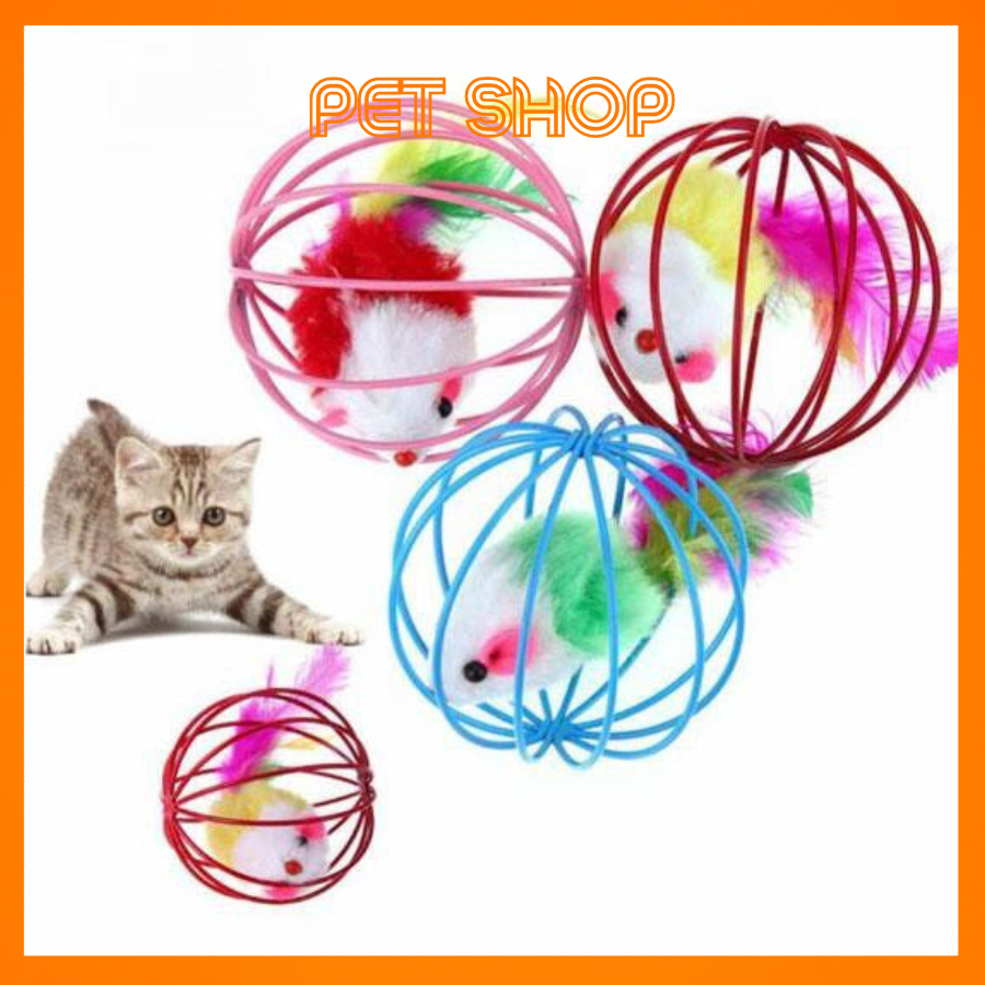 Đồ Chơi Cho Mèo,Pet Thú Cưng, Đồ Chơi Chuột Trong Lồng Sắt Lông Vũ Nhiều Màu Sắc Vui Nhộn