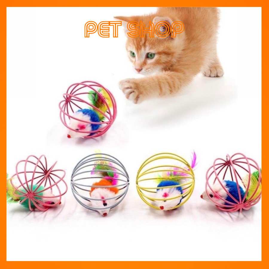 Đồ Chơi Cho Mèo,Pet Thú Cưng, Đồ Chơi Chuột Trong Lồng Sắt Lông Vũ Nhiều Màu Sắc Vui Nhộn