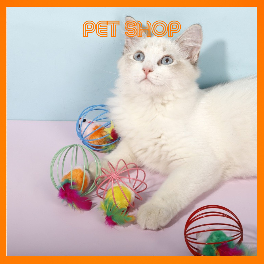 Đồ Chơi Cho Mèo,Pet Thú Cưng, Đồ Chơi Chuột Trong Lồng Sắt Lông Vũ Nhiều Màu Sắc Vui Nhộn