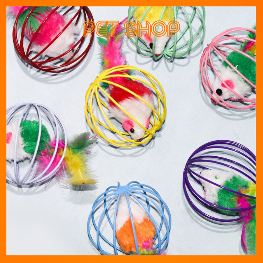 Đồ Chơi Cho Mèo,Pet Thú Cưng, Đồ Chơi Chuột Trong Lồng Sắt Lông Vũ Nhiều Màu Sắc Vui Nhộn