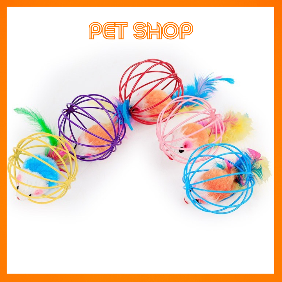 Đồ Chơi Cho Mèo,Pet Thú Cưng, Đồ Chơi Chuột Trong Lồng Sắt Lông Vũ Nhiều Màu Sắc Vui Nhộn