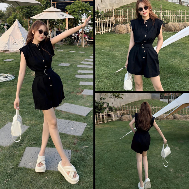 Bộ Jumpsuit cổ trụ sát nách liền quần gập gấu thời trang