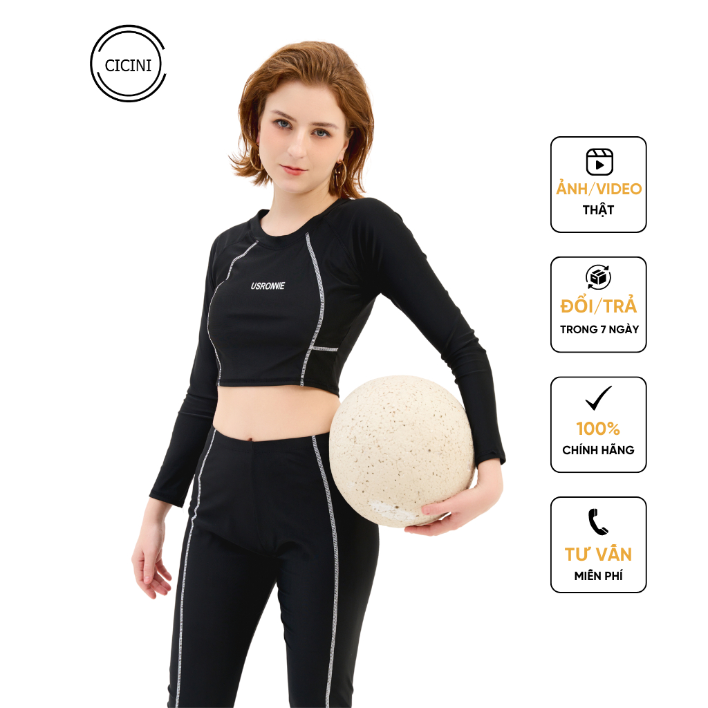 Bộ Quần Áo Bơi Cicini Cao Cấp Tay Dài Croptop Đen Trơn, Quần Dài Dành Cho Bạn Gái Đi Biển Mã L05