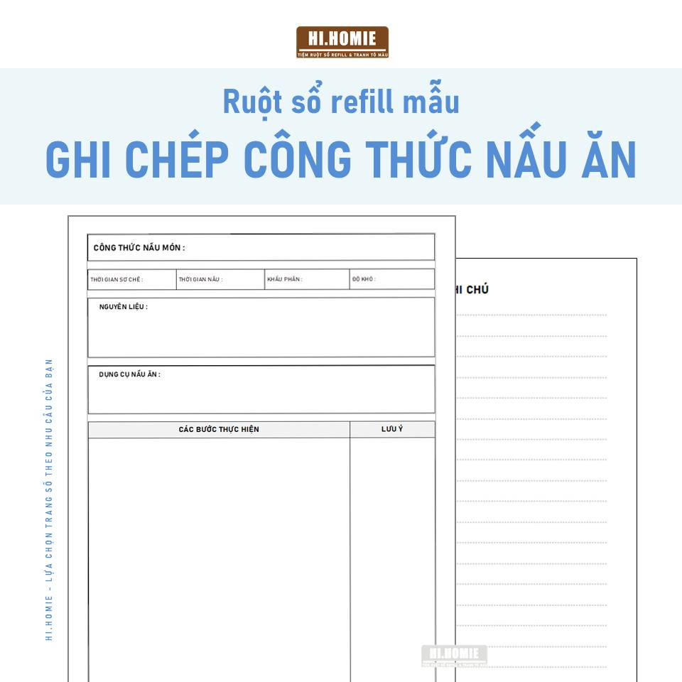 Mẫu Ghi chép Công thức nấu ăn | Ruột sổ còng, giấy refill A5, A4, B5 - Hi Homie Shop