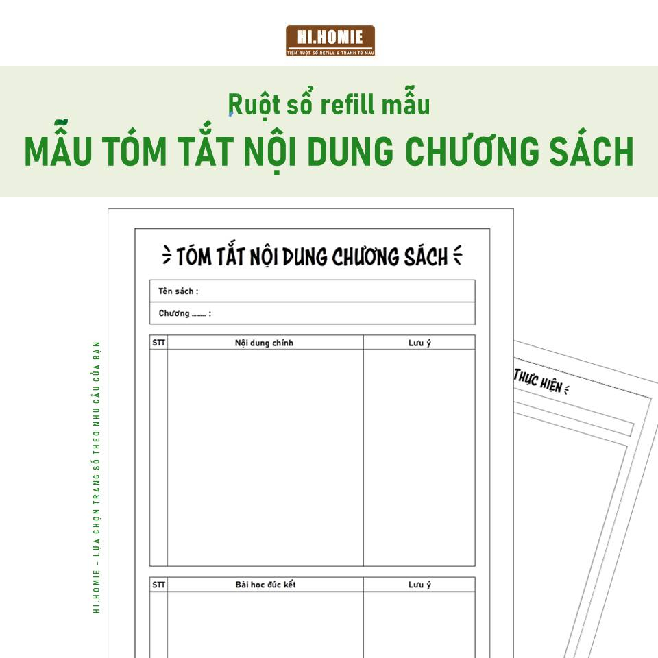 Mẫu Tóm tắt nội dung Chương sách đã đọc | Ruột sổ còng, giấy refill | A5, A4, B5 | Hi Homie Shop