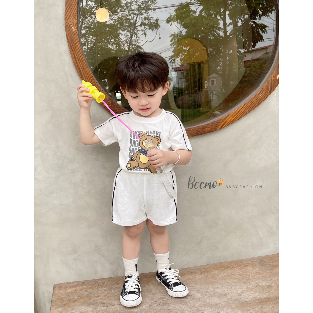 Set bộ quần áo Beemo phối chữ in gấu trước ngực mặc hè chất liệu cotton xược mát mẻ cho bé từ 1 - 7 tuổi 23075B