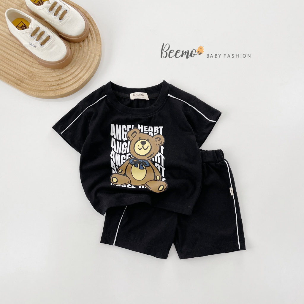 Set bộ quần áo Beemo phối chữ in gấu trước ngực mặc hè chất liệu cotton xược mát mẻ cho bé từ 1 - 7 tuổi 23075B