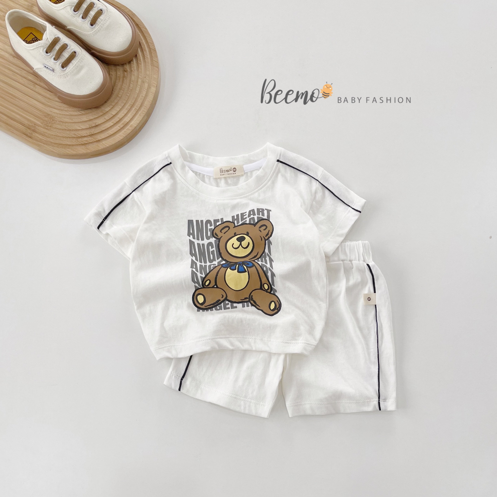 Set bộ quần áo Beemo phối chữ in gấu trước ngực mặc hè chất liệu cotton xược mát mẻ cho bé từ 1 - 7 tuổi 23075B