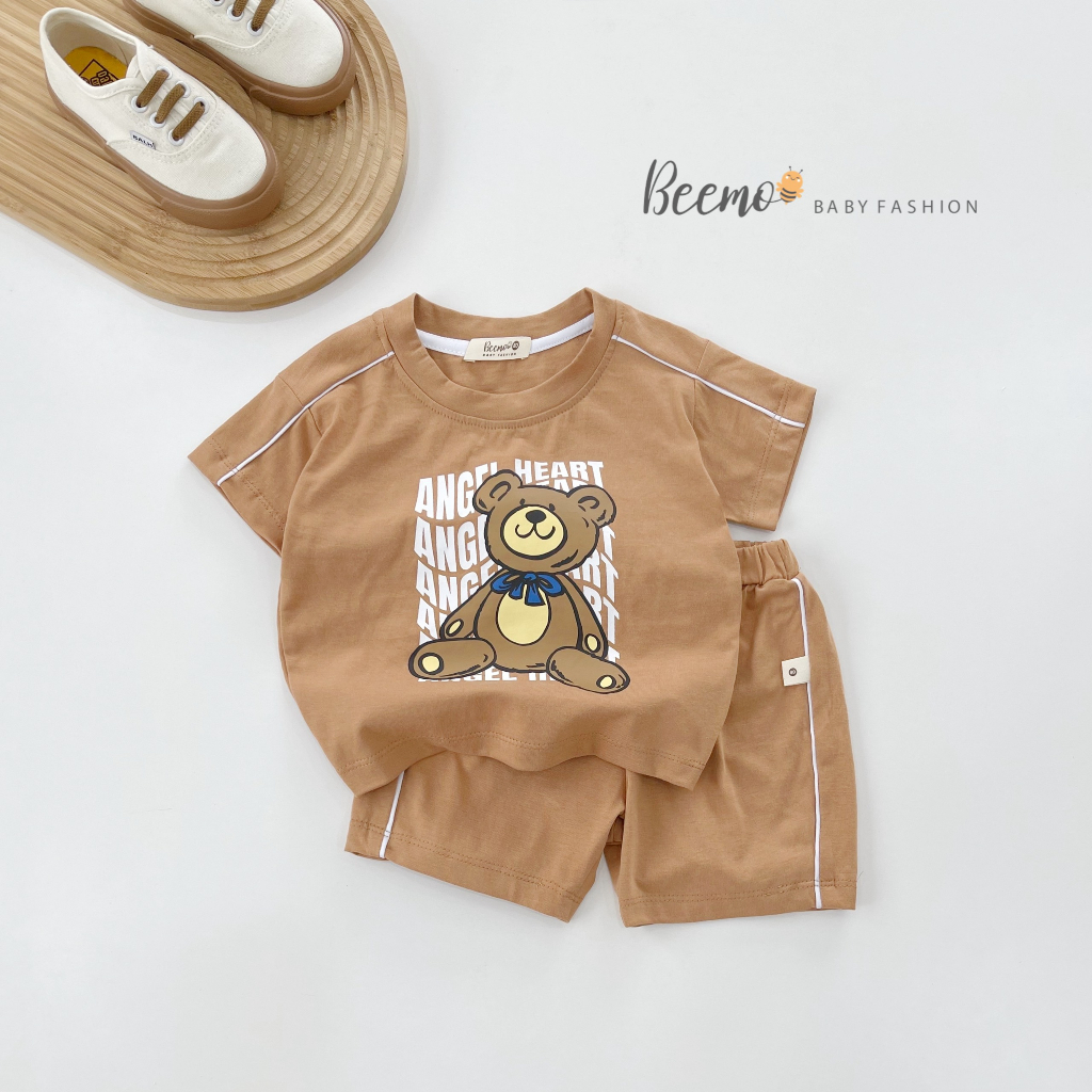 Set bộ quần áo Beemo phối chữ in gấu trước ngực mặc hè chất liệu cotton xược mát mẻ cho bé từ 1 - 7 tuổi 23075B