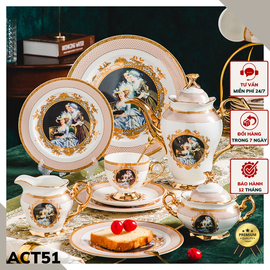 Bộ Ấm Chén Trà Châu Âu Tân Cổ Điển Vẽ Viền Vàng Tinh Tế ACT51