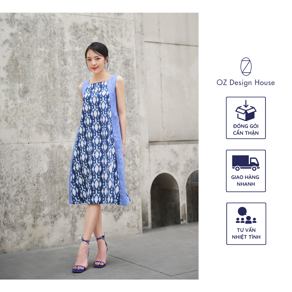 Đầm nữ OZ Design House DA06428RST23 linen cổ vuông in họa tiết phối 2 bên sườn