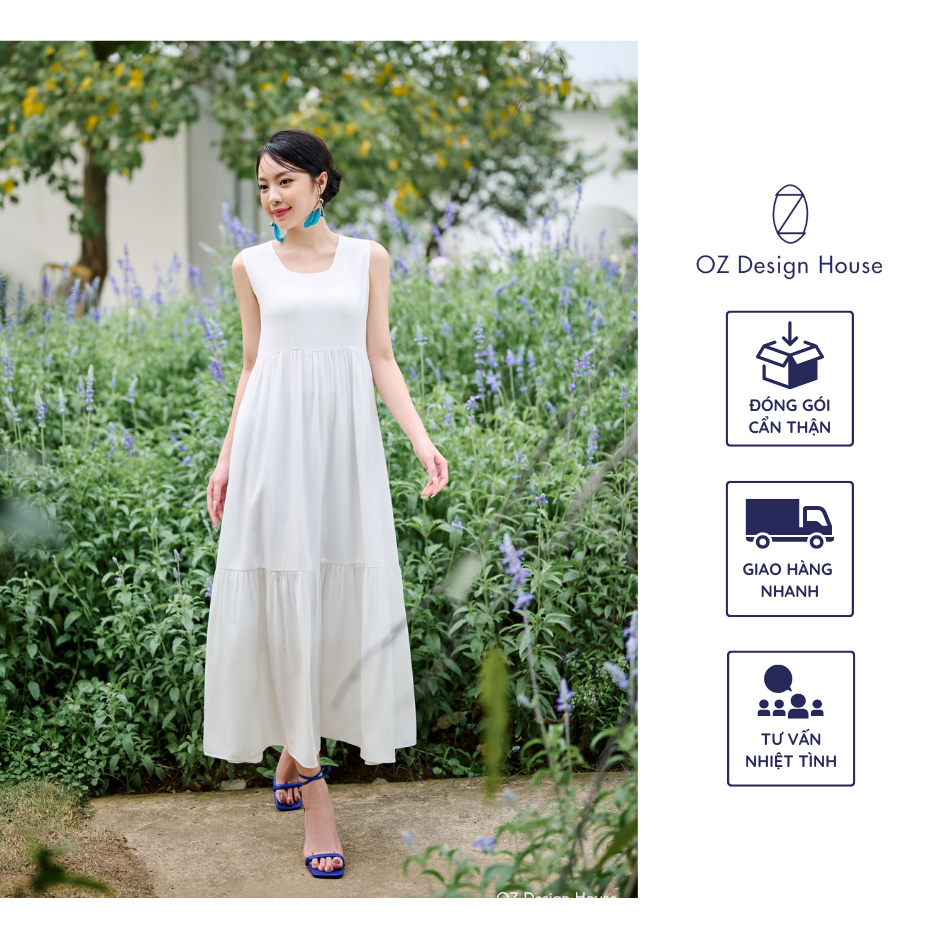 Đầm maxi OZ Design House DA06386RST23 thô lụa ba tầng cổ tròn U màu trắng
