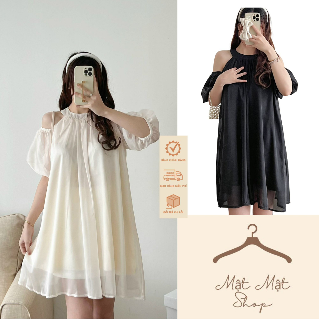 Váy Voan Cổ Yếm Tay Ngắn Bồng Dáng Xuông Bigsz Bà Bầu Mặc Đc Phù Hợp Đi Chơi , Đi Dạo Phố Matmat