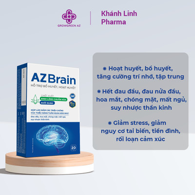 AZBR-Viên Uống Bổ Não AZbrain tăng cường trí nhớ, giảm đau đầu, lưu thông máu não - Grow Green AZ(Hộp 20v)
