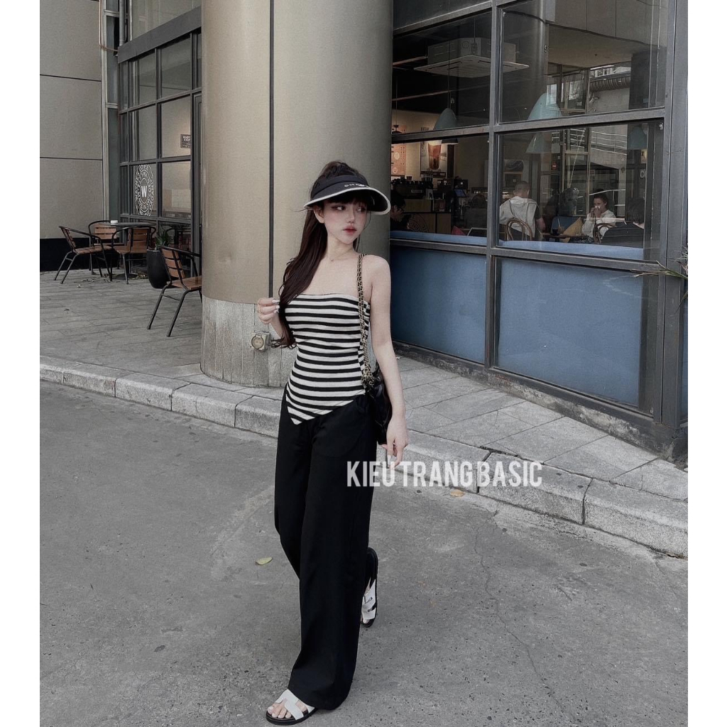 [5.5 Sales Freeship] Set bộ hottrend 2023, set áo ống cúp ngực vạt chéo kẻ sọc mix quần đen dài ống suông năng động mtb