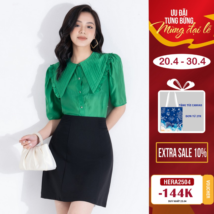 Áo sơ mi ngắn tay công sở nữ HeraDG dáng suông thiết kế cổ lá bản to tay bồng chất liệu tơ cao cấp SAKBB2051