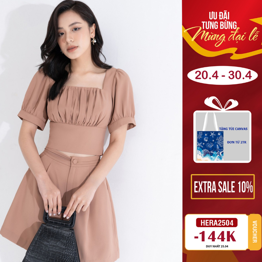 Áo croptop nữ HeraDG thiết kế tay ngắn cổ vuông nhún thân trước tạo điểm nhấn chất liệu Tuytsi cao cấp SAKBB3042