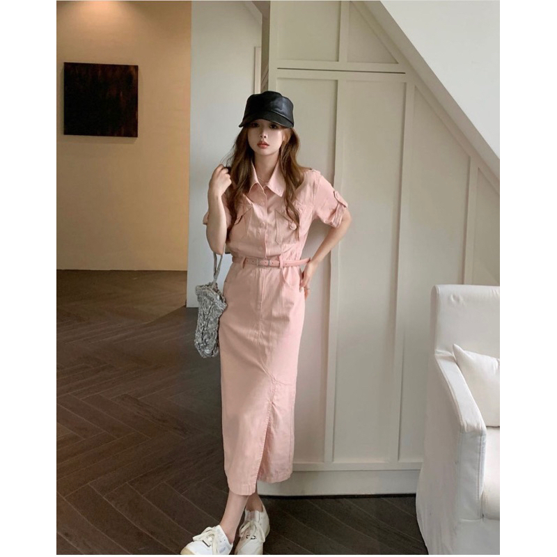 (Bán sỉ) SET ÁO KAKI HỒNG CỔ SƠ MI CHÂN VÁY MIDI