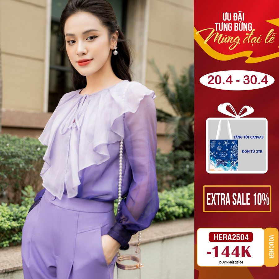 Áo sơ mi dáng suông nữ HeraDG thiết kế cổ bèo buộc nơ, chất liệu vải tơ cao cấp mềm mịn, thoáng mát SAKBC2027