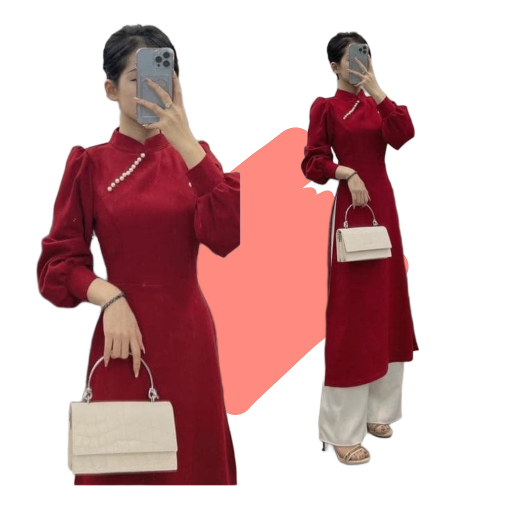 Áo dài cách tân nữ, tay dài bồng, đính ngọc, lụa tây thi mặc đi dự tiệc, cưới hỏi, lễ tết