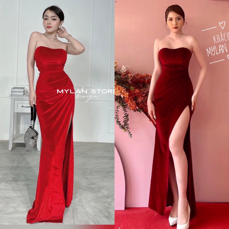 Đầm dạ hội nhung cúp ngực xẻ tà cao cấp-ML TẶNG KÈM HOA TAI THỜI TRANG