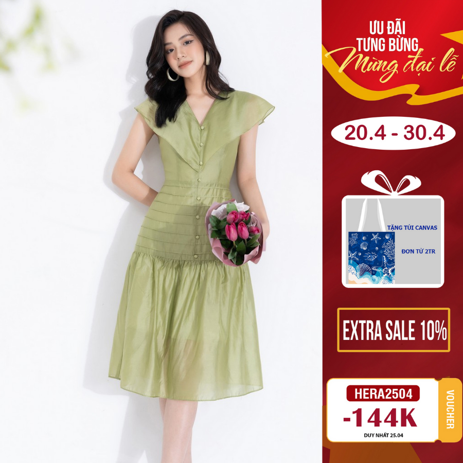 Đầm váy tơ dáng A phối bèo vai HeraDG thiết kế mí ly ngang thân tạo điểm nhấn chất liệu tơ cao cấp bay nhẹ SDPBB3127