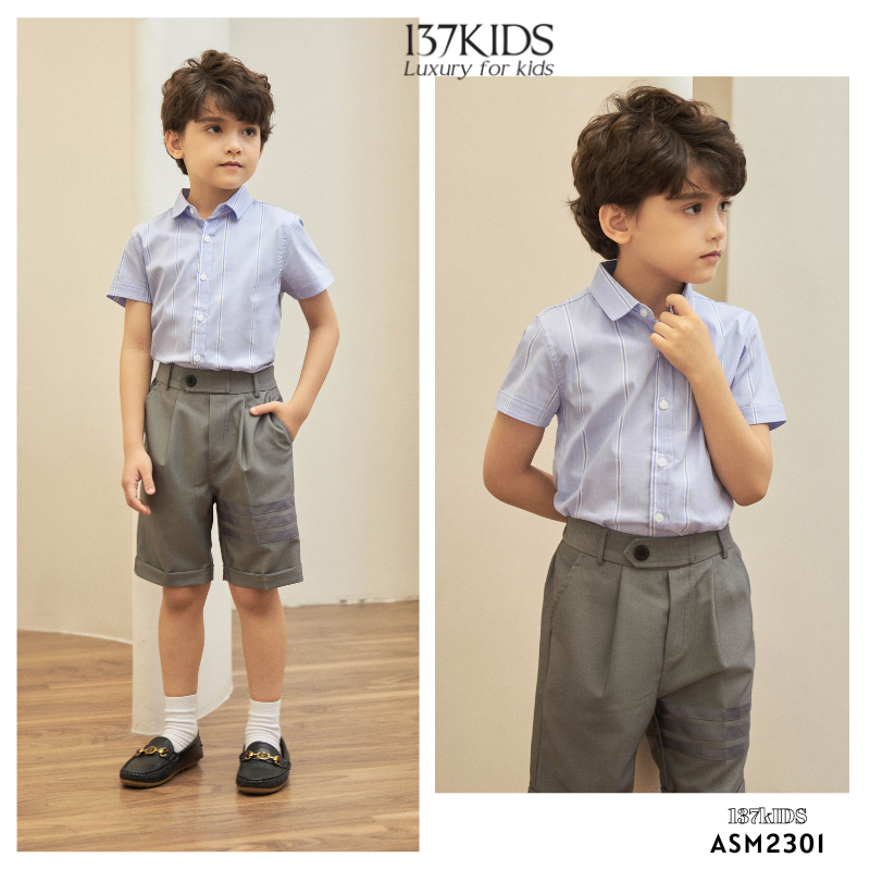 Áo sơ mi xanh cộc tay 137Kids thiết kế kẻ thoáng mát cho bé trai đi học