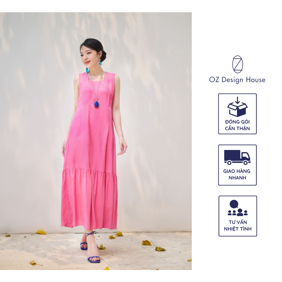 Đầm maxi OZ Design House DA06604RST23 thô lụa cổ tròn U xếp ly một bên hai lớp màu hồng