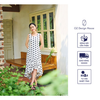 Đầm maxi mullet OZ Design House DA04419RST23 thô lụa hai lớp màu trắng chấm tròn đen