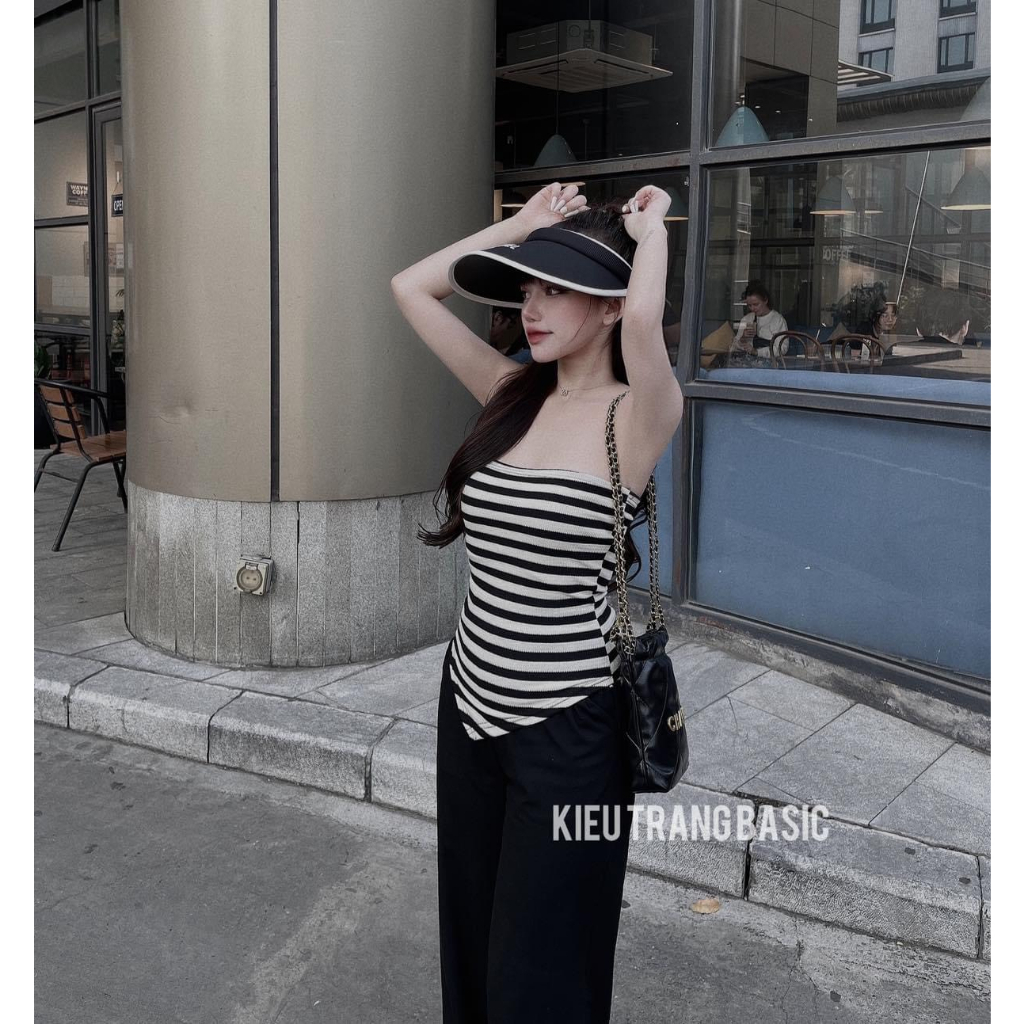 [5.5 Sales Freeship] Set bộ hottrend 2023, set áo ống cúp ngực vạt chéo kẻ sọc mix quần đen dài ống suông năng động mtb