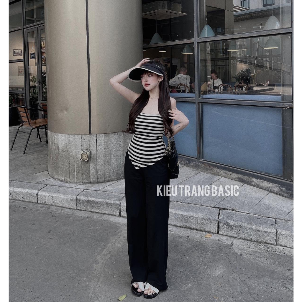 [5.5 Sales Freeship] Set bộ hottrend 2023, set áo ống cúp ngực vạt chéo kẻ sọc mix quần đen dài ống suông năng động mtb