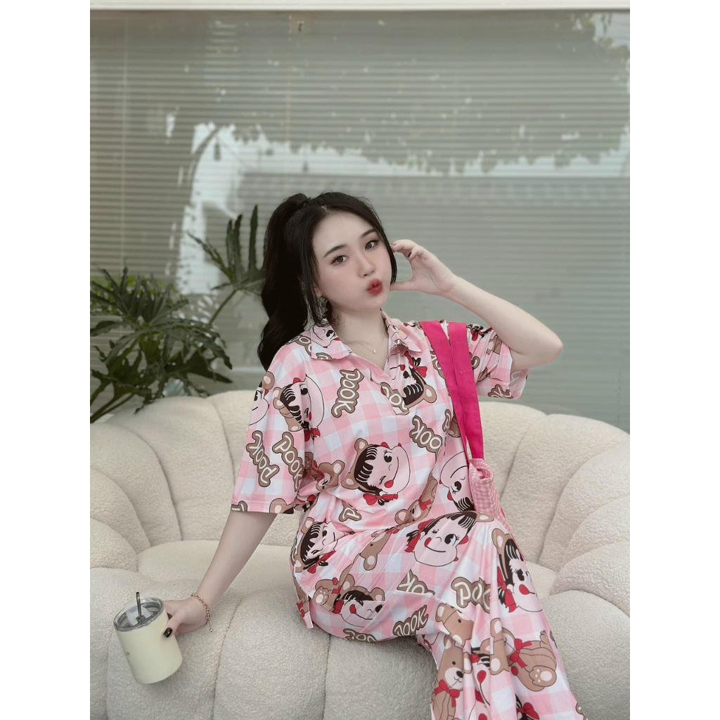 [5.5 Sales Freeship] Set bộ thun cổ bẻ tay ngắn in hoạt hình dễ thương, bộ thun 3d quần dài phối áo from rộng cổ polo
