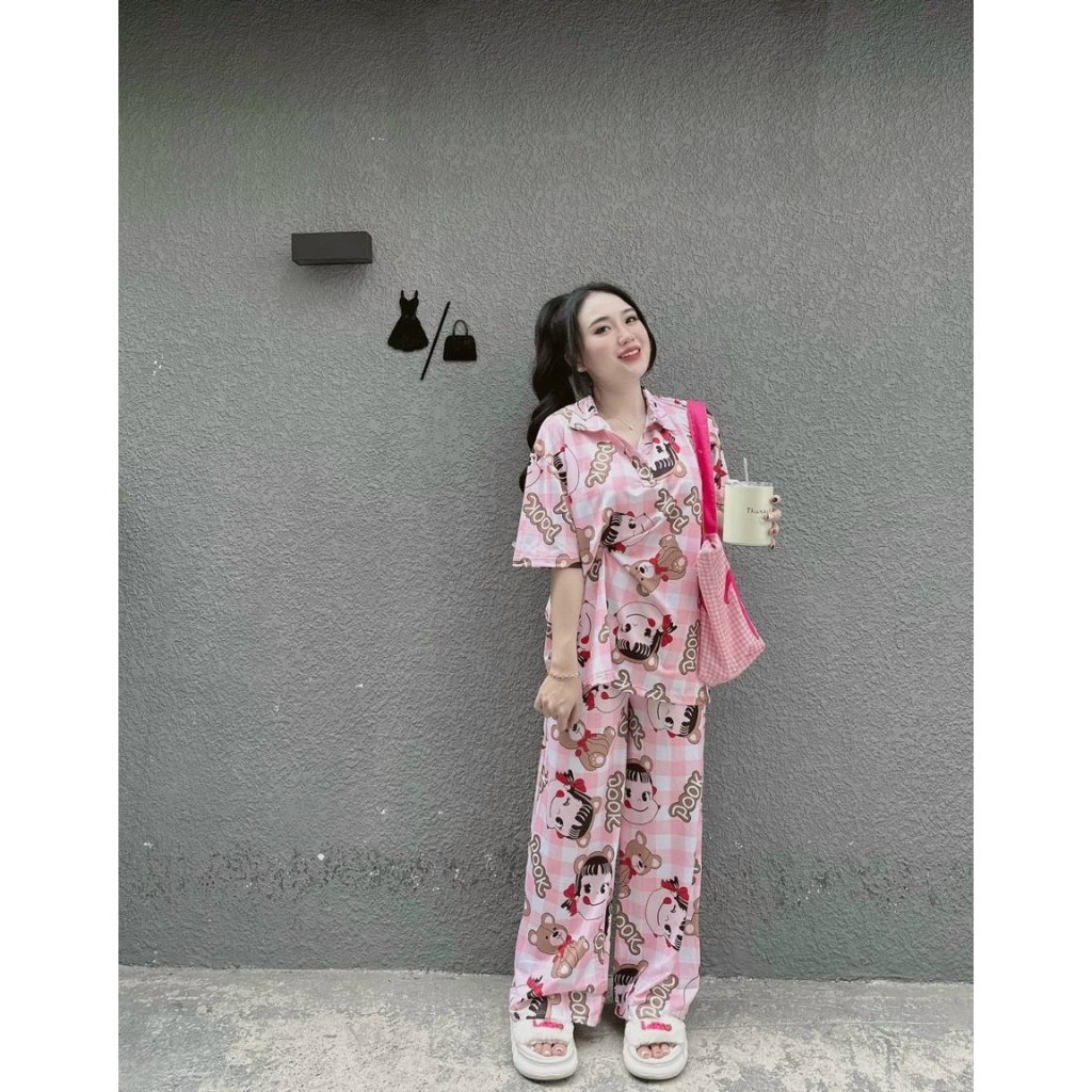 [5.5 Sales Freeship] Set bộ thun cổ bẻ tay ngắn in hoạt hình dễ thương, bộ thun 3d quần dài phối áo from rộng cổ polo