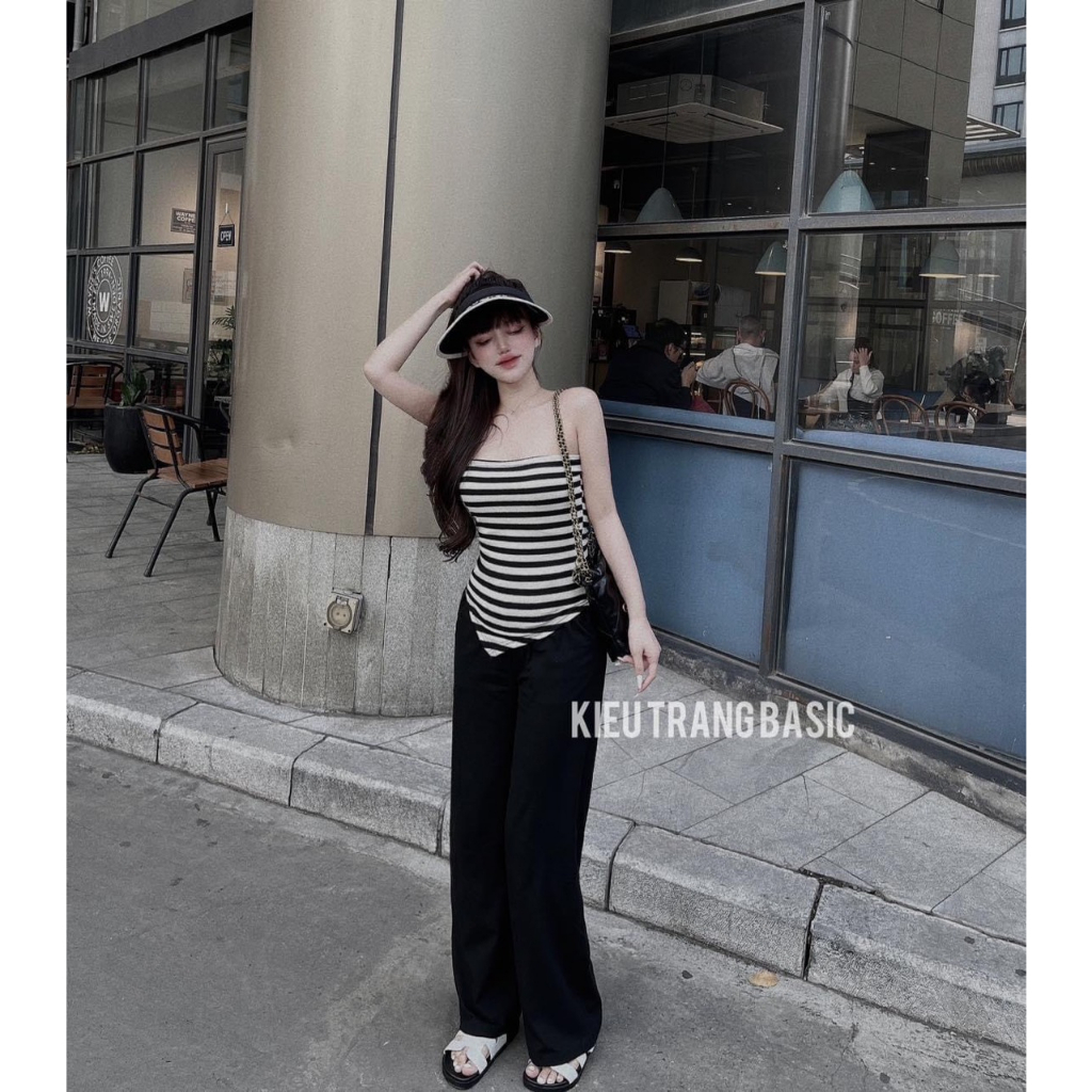 [5.5 Sales Freeship] Set bộ hottrend 2023, set áo ống cúp ngực vạt chéo kẻ sọc mix quần đen dài ống suông năng động mtb