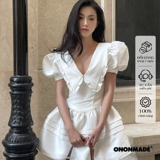 Ononmade đầm ngắn cổ v tay phồng phối vai dáng xòe phồng tự nhiên màu trắng lita mini dress