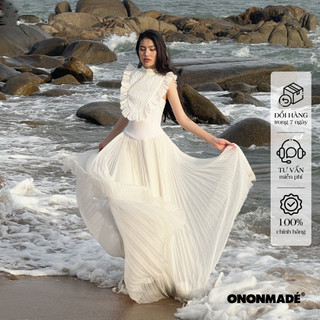 Ononmade set hai món áo croptop yếm kèm đầm dập ly dài dáng xoè tiểu thư luna midi dress