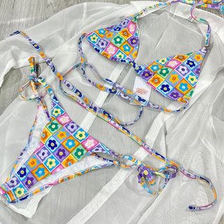 Bikini 2 mảnh tam giác quấn eo hoạ tiết hoa nhiều màu