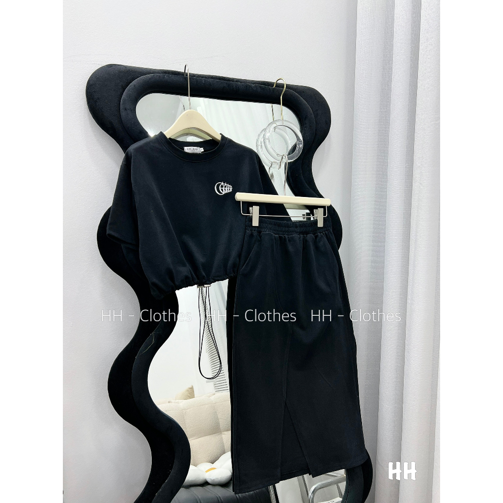 Set Bộ Đồ Nữ Áo Croptop Thêu G Rút Gấu Mix Chân Váy Dáng Dài Xẻ Gấu Freesize