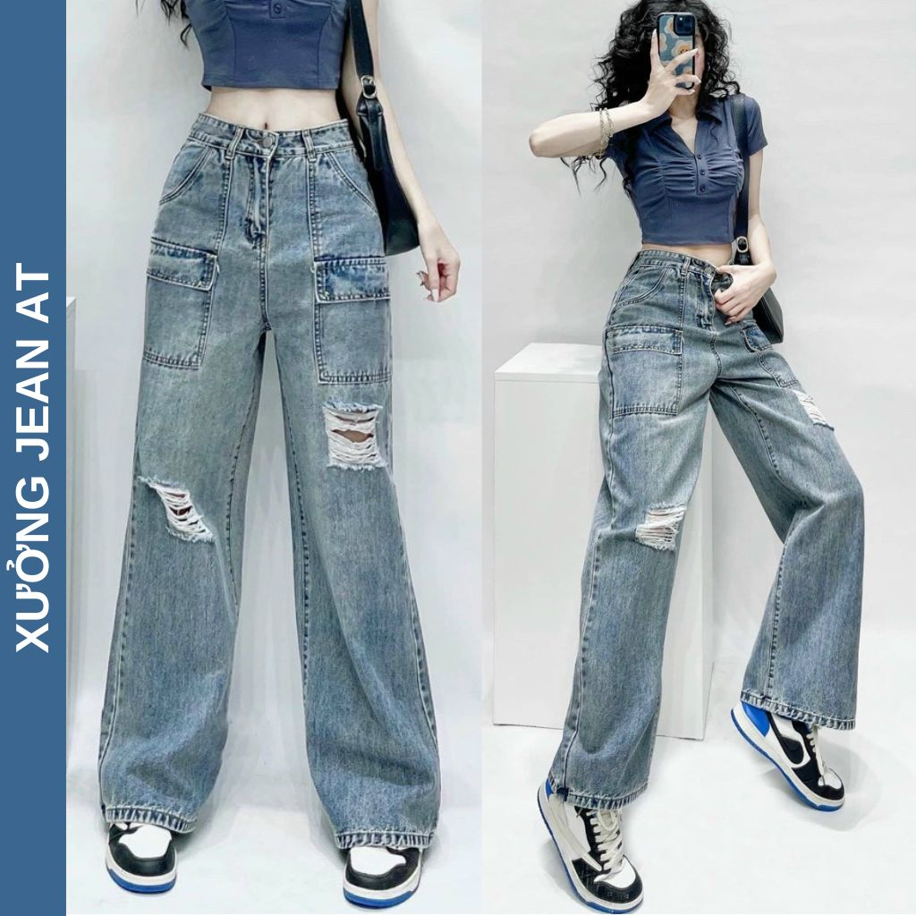 Quần Jean Ống Rộng Rách Gối Túi Đắp, Quần Jean Nữ Ống Suông Rộng Cạp Cao Rách 2 Bên - 565