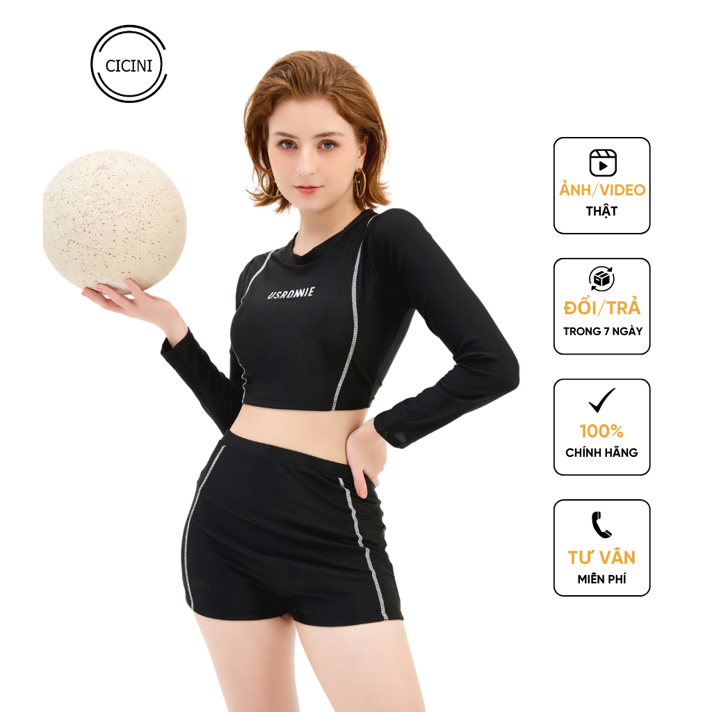 Bộ bơi nữ Cicini cao cấp dài tay 2 mảnh dành cho bạn gái mùa hè đi biển đáng yêu màu đen, bộ tập gym, bộ tập yoga mã L30