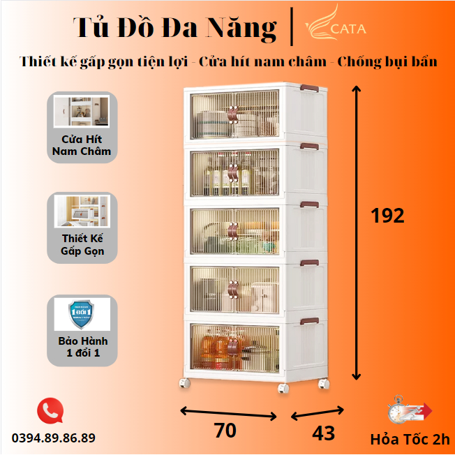 Tủ Đồ Gia Dụng, Kệ Đựng Đồ Đa Năng Gấp Gọn - Cửa Hít Nam Châm - Kích Thước 70*43*192 - Bảo Hành 12 Tháng