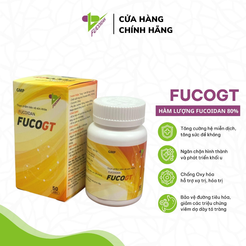 Fucoidan FucoGT (100mg Fucoidan và 25mg Curcumin) chiết xuất từ rong nâu (hộp 50 viên)