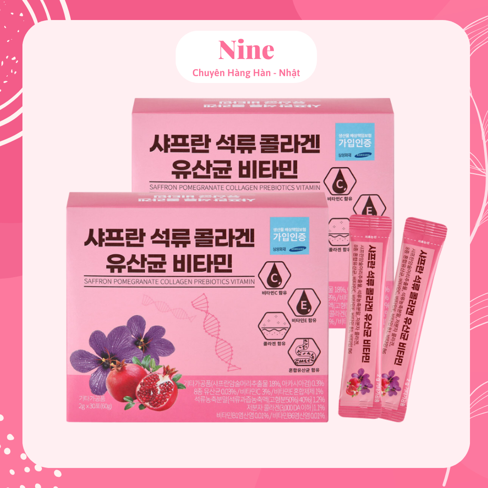 Bột Collagen Lựu Đỏ Saffron Nhụy Hoa Nghệ Tây Hàn Quốc Chính Hãng - Chống Lão Hóa, Mịn Da | Nine Hàn Nhật
