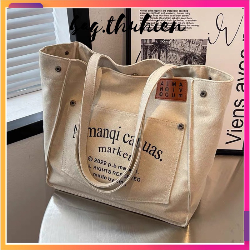 Tui tote vải canvas nữ đeo vai hoạ tiết chữ mác da bag.thuhien